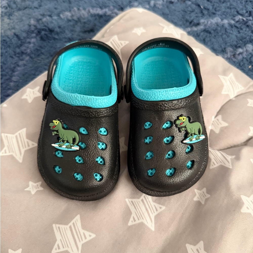 Kids Black and Teal Dino Clog Sandals